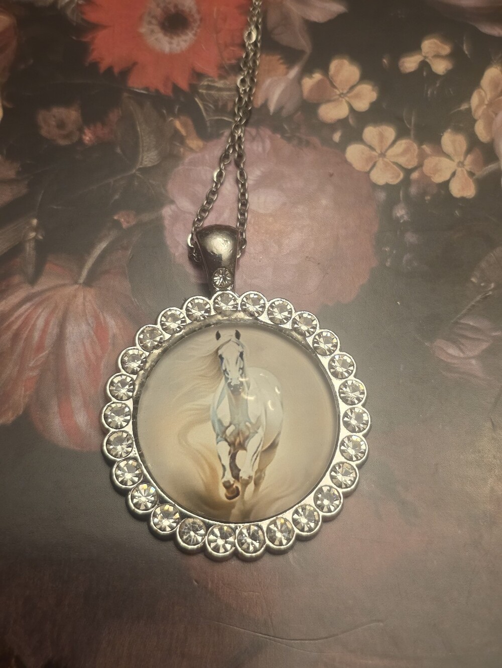 White Horse Cabochon In A Sparkly Rhinestone Frame On A Stainless Steel Chain